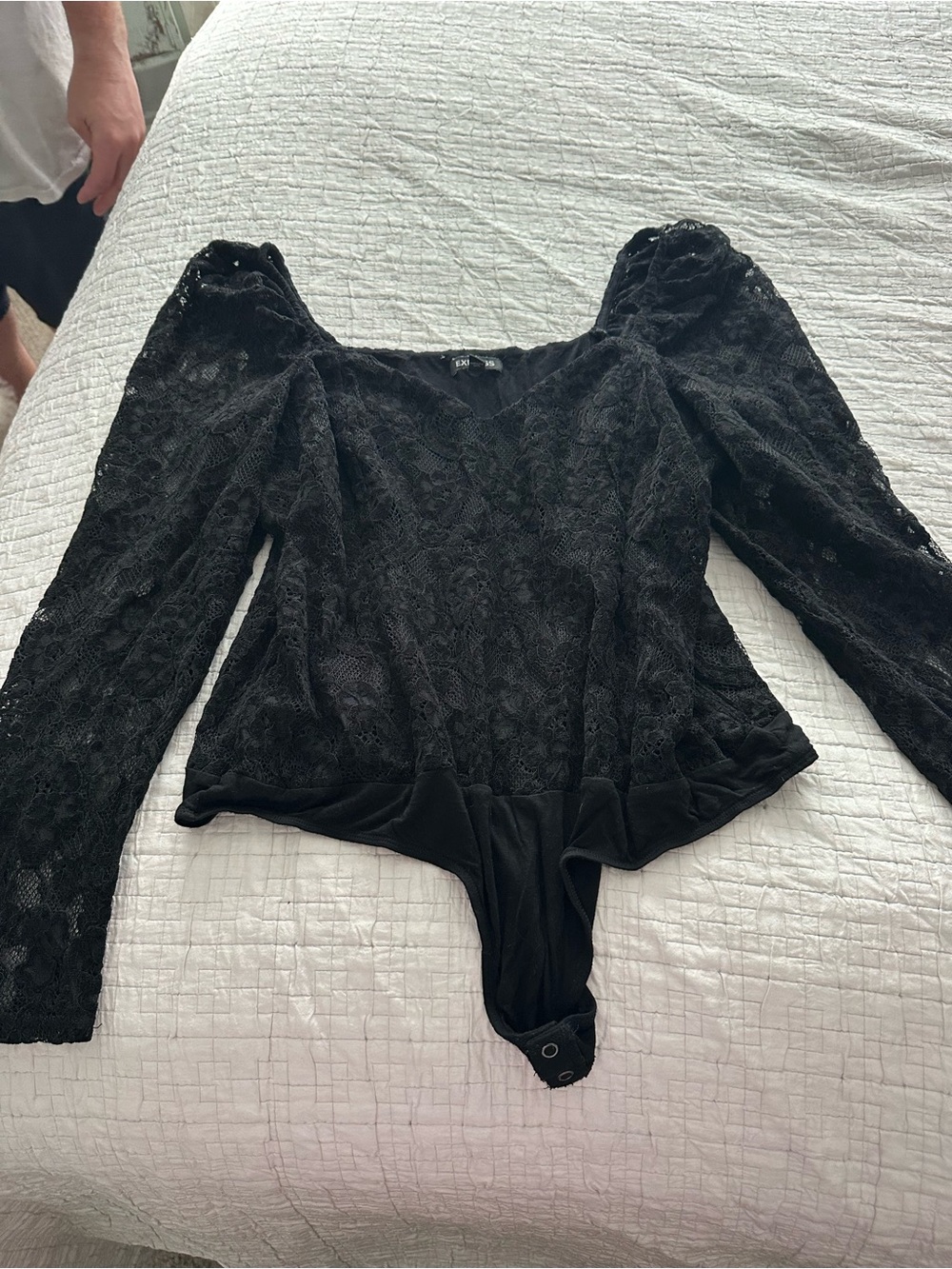 Express Black Lace Long-Sleeve Bodysuit with Square Neck
